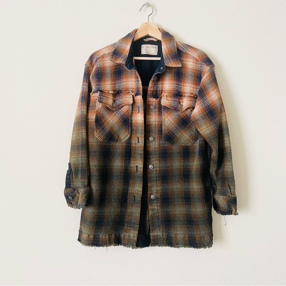 Free People SMALL Anneli waffle plaid oversized shirt jacket